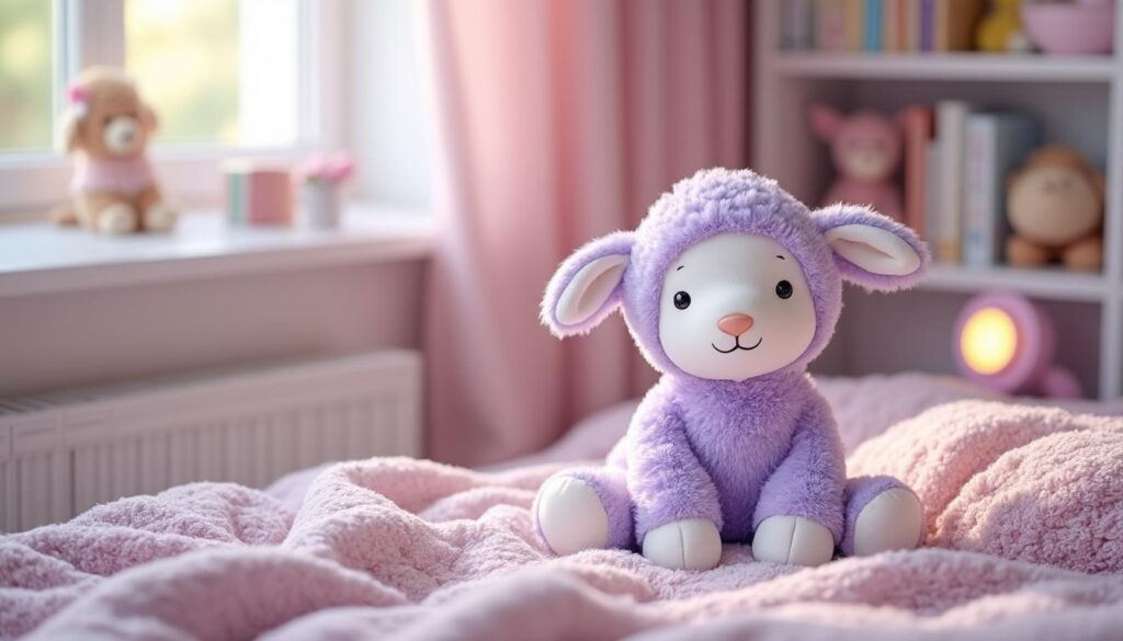 gestalten sie ein kinderzimmer mit lila lämmchen für eine beruhigende und entspannte atmosphäre, die geborgenheit und ruhe fördert.